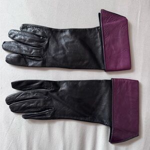 Italian Silk Lined Black Leather Gloves with Purple Cuff